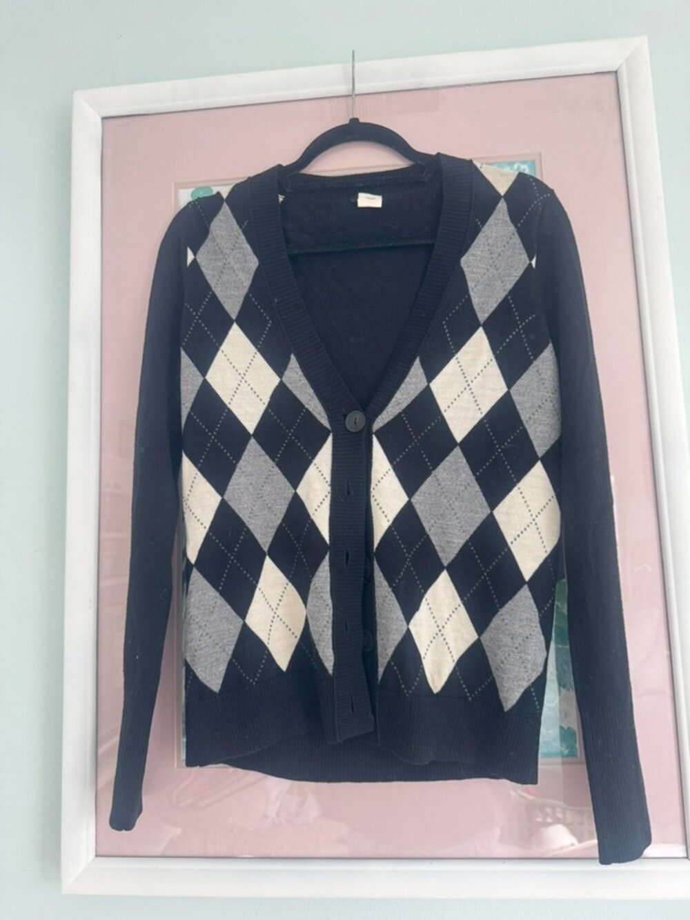 J. Crew Navy Gray & Cream Argyle Merino Wool Cardigan, M